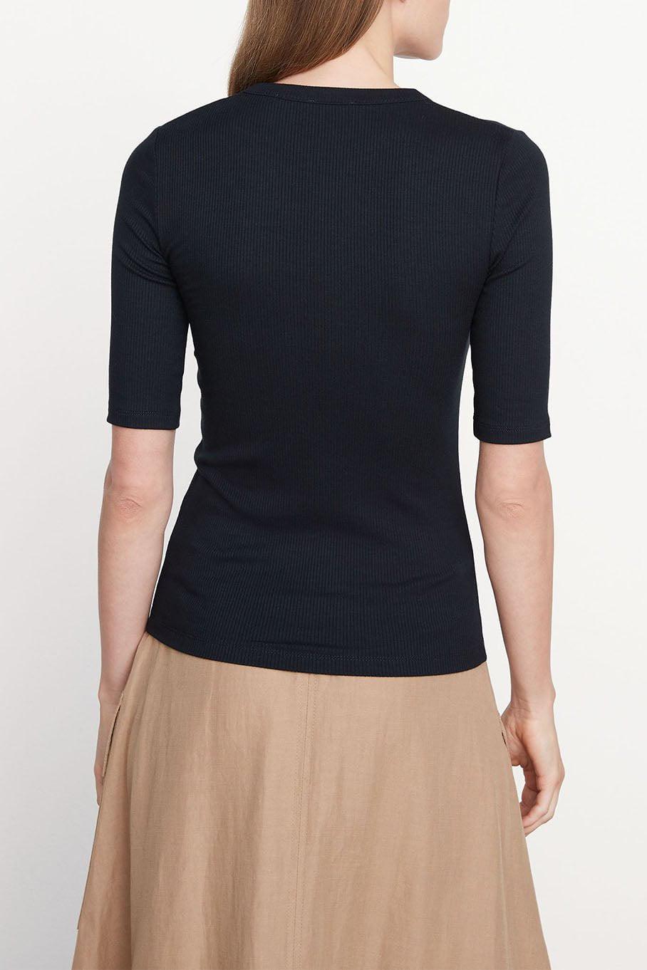 VINCE-Rib Elbow Sleeve Henley - Black-