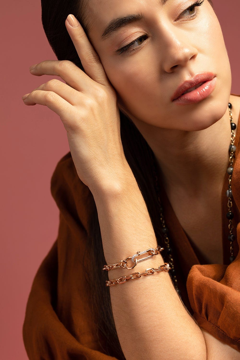 WALTERS FAITH-Saxon Diamond Clasp Chain Link Bracelet-ROSE GOLD