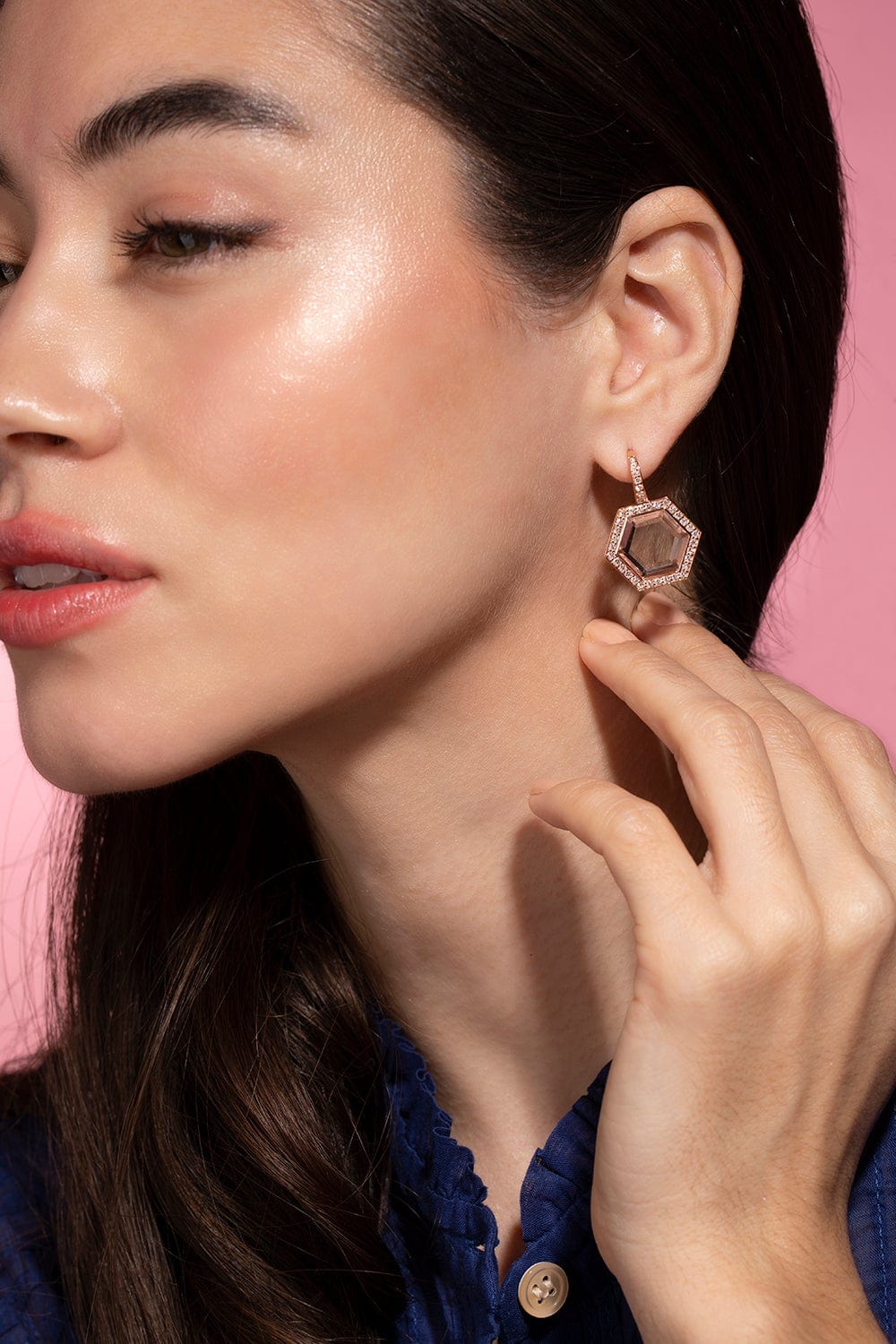 WALTERS FAITH-Bell Diamond and Rock Crystal Hexagon Drop Earrings-ROSE GOLD