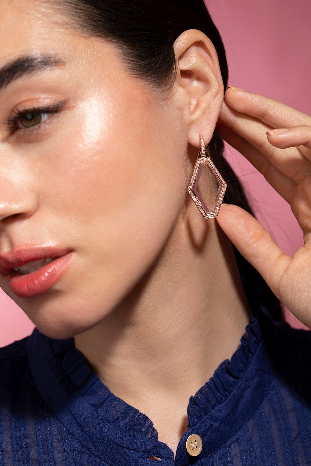 WALTERS FAITH-Bell Diamond Hexagon Rock Crystal Earrings-ROSE GOLD