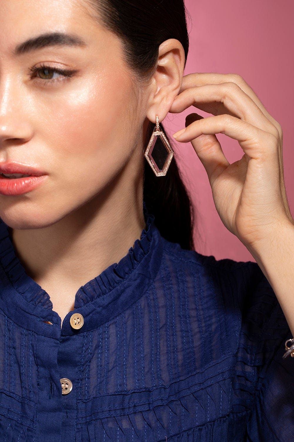 WALTERS FAITH-Bell Diamond Hexagon Rock Crystal Earrings-ROSE GOLD