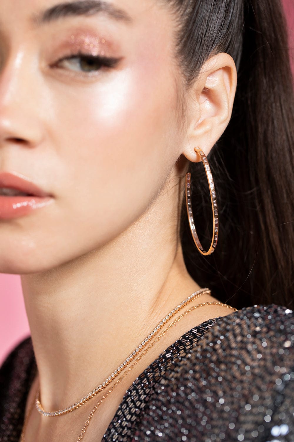 WALTERS FAITH-Ottoline Baguette Diamond Oval Hoops-ROSE GOLD