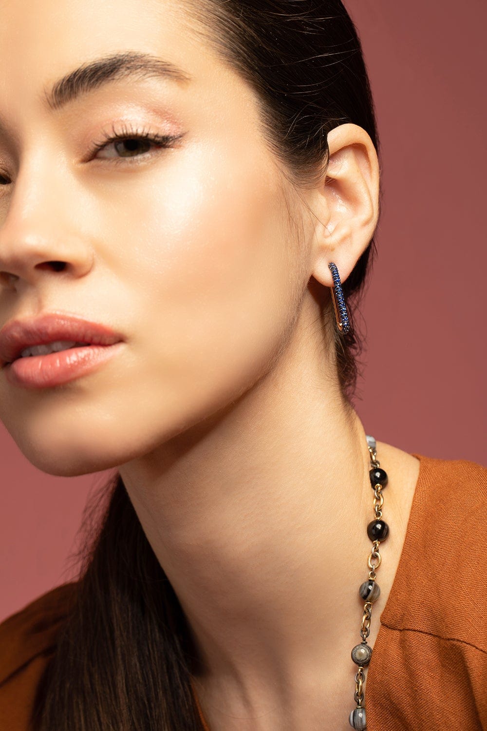 WALTERS FAITH-Saxon Blue Sapphire Chain Link Earrings-ROSE GOLD