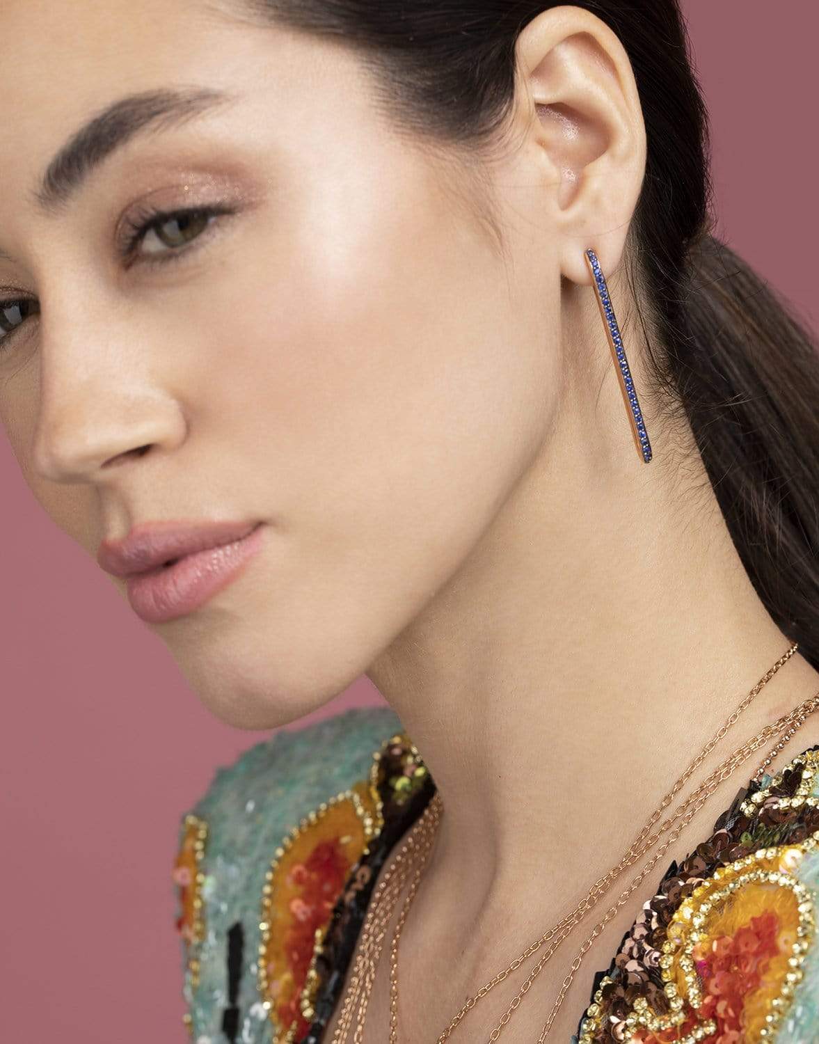 WALTERS FAITH-Saxon Blue Sapphire Extra Long Single Link Earrings-ROSE GOLD