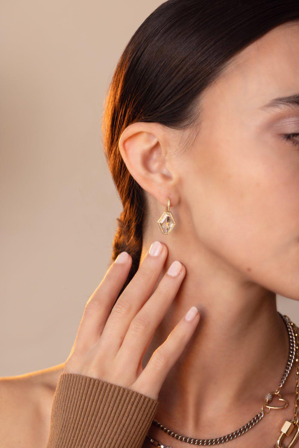 WALTERS FAITH-Bell Diamond Rock Crystal Hexagon Earrings-YELLOW GOLD