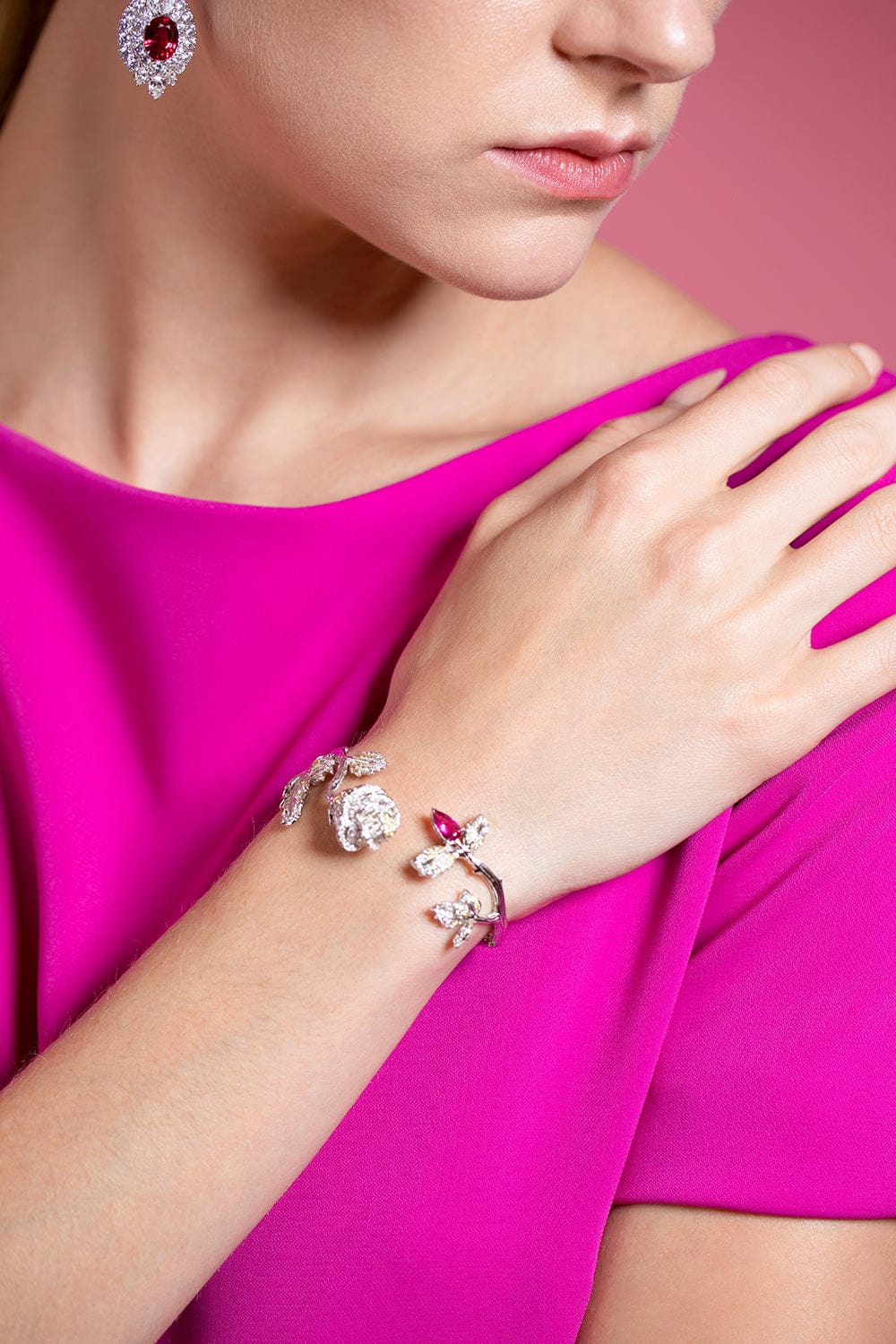 WENDY YUE-Diamond and Rubellite Flower Bracelet-WHITE GOLD