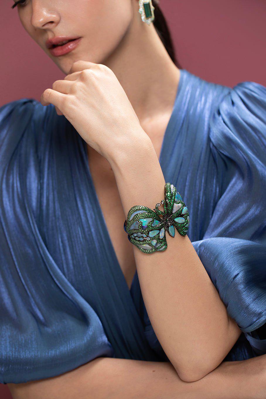 WENDY YUE-Opal Diamond Butterfly Cuff Bracelet-WHITE GOLD