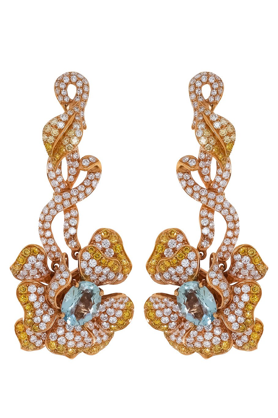 WENDY YUE-Aquamarine Gold Diamond Flower Earrings-ROSE GOLD