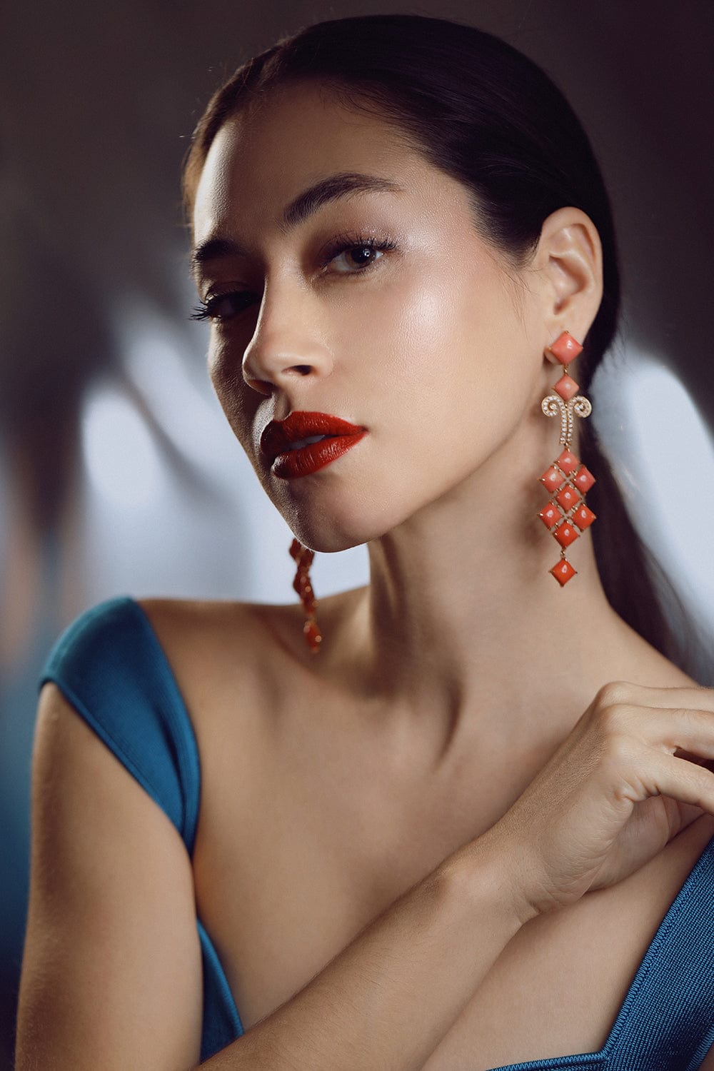 WENDY YUE-Coral Chandelier Earrings-ROSE GOLD