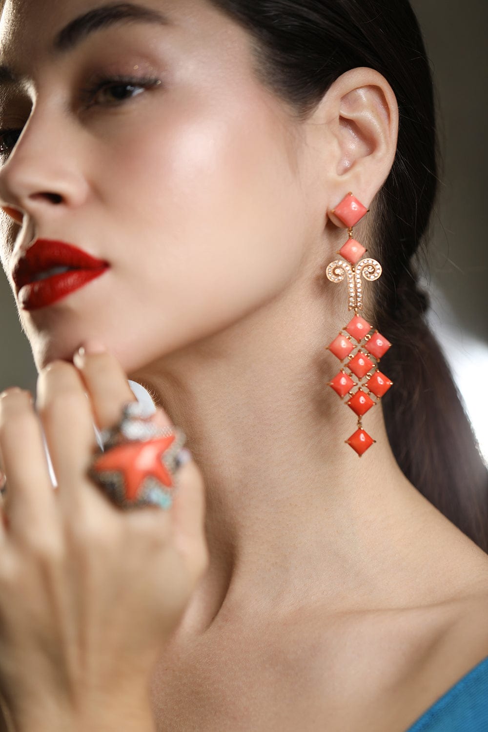 WENDY YUE-Coral Chandelier Earrings-ROSE GOLD