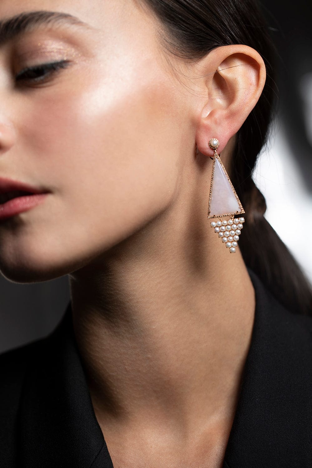 WENDY YUE-Pearl and Opal Triangle Earrings-ROSE GOLD