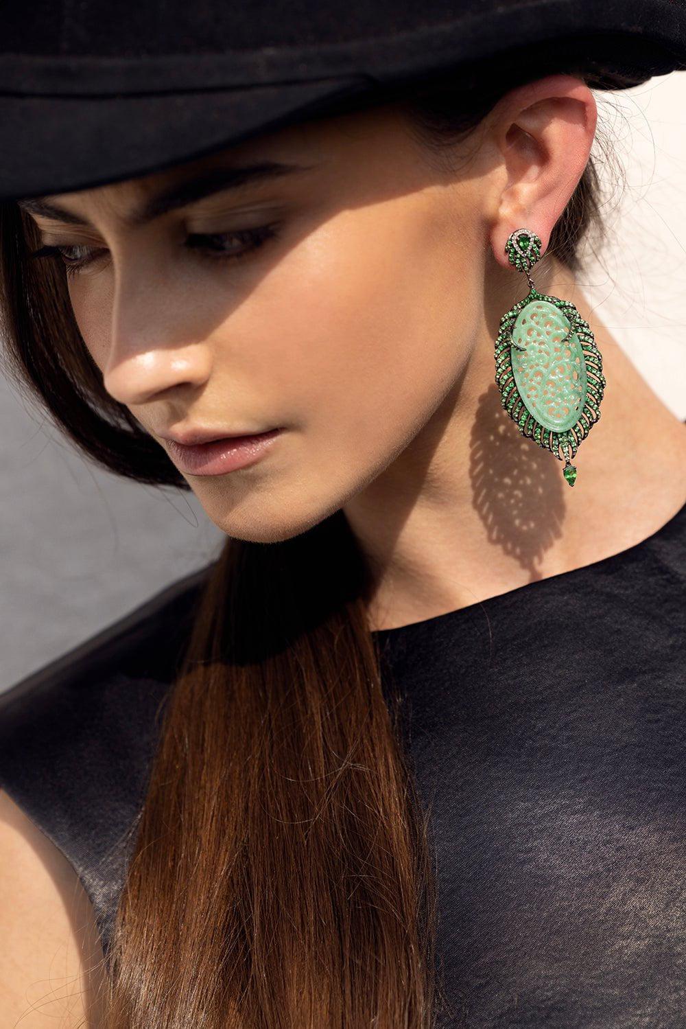 WENDY YUE-Carved Jade and Tsavorite Earrings-WHITE GOLD