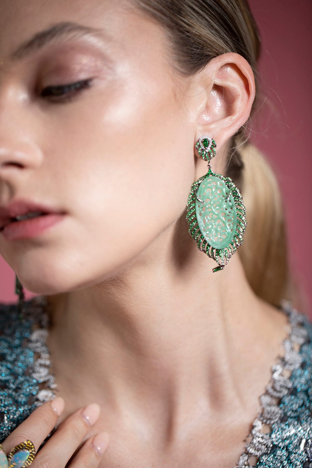 WENDY YUE-Carved Jade and Tsavorite Earrings-WHITE GOLD
