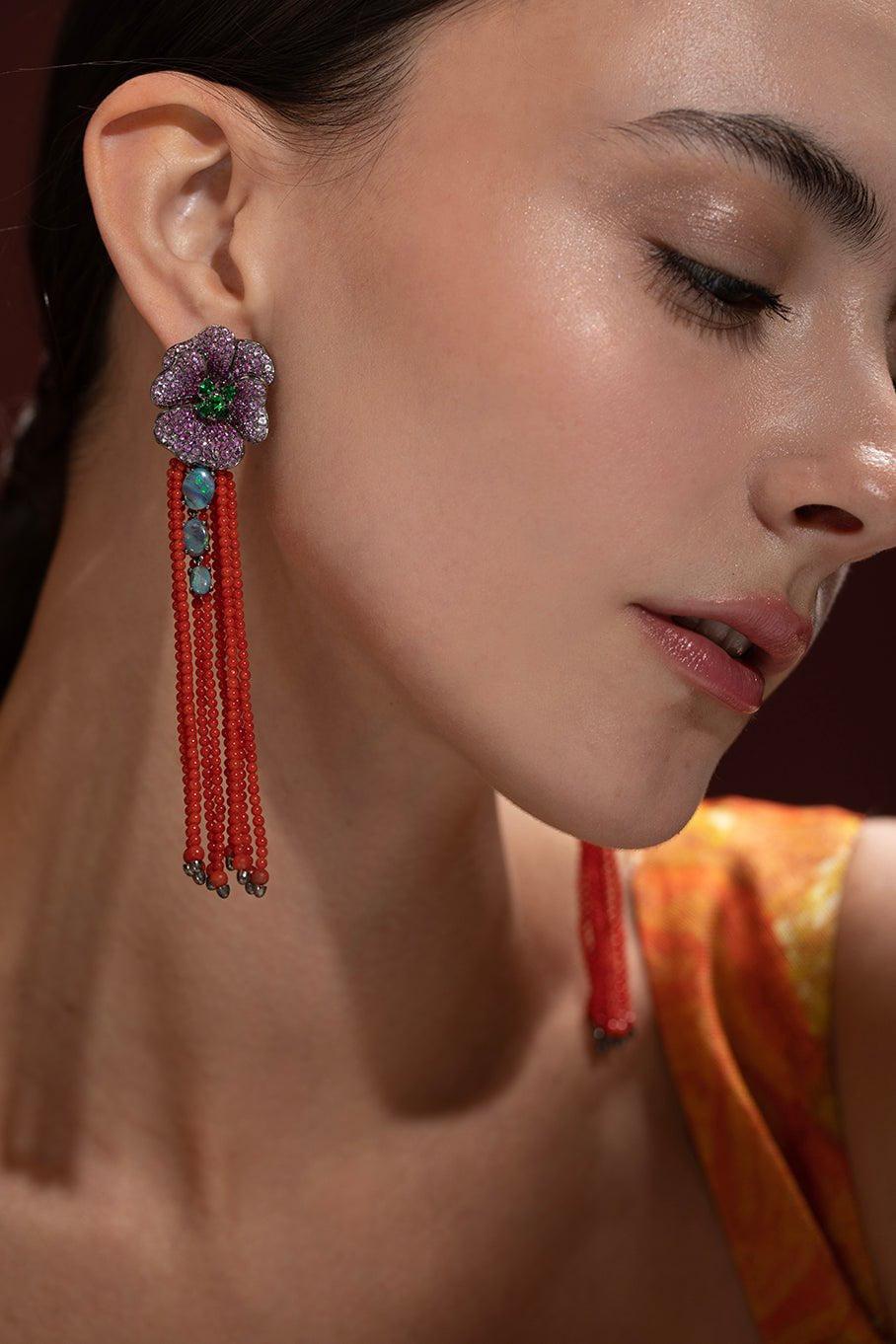 WENDY YUE-Coral Sapphire Strand Earrings-WHITE GOLD