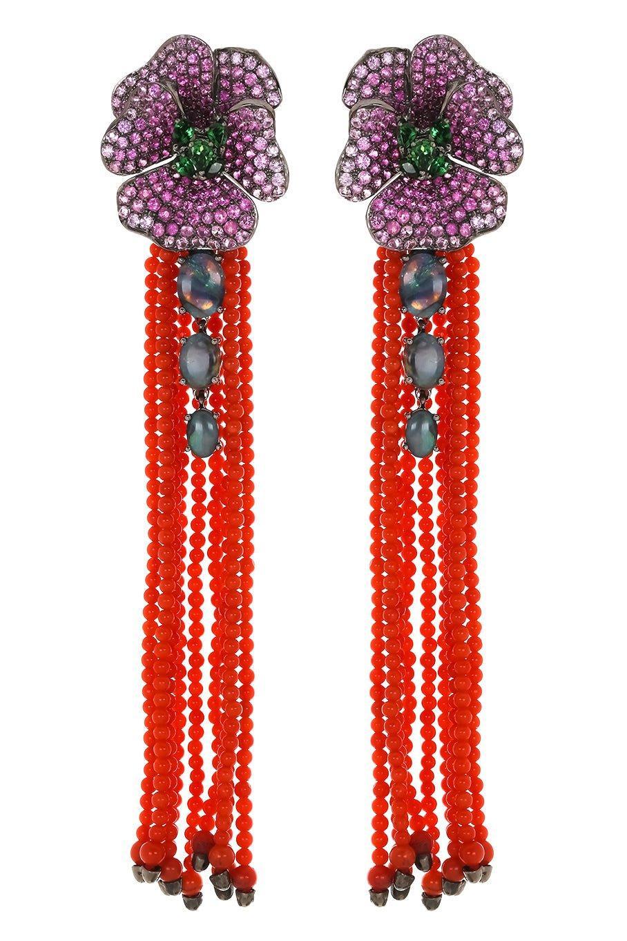 WENDY YUE-Coral Sapphire Strand Earrings-WHITE GOLD