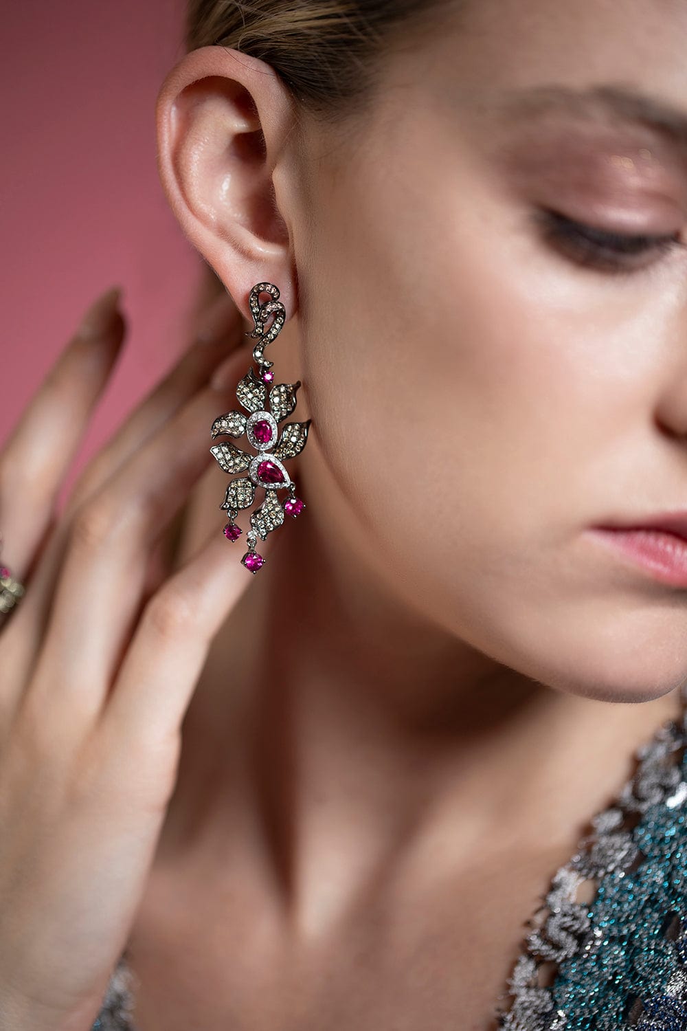 WENDY YUE-Diamond and Rubellite Flower Earrings-WHITE GOLD