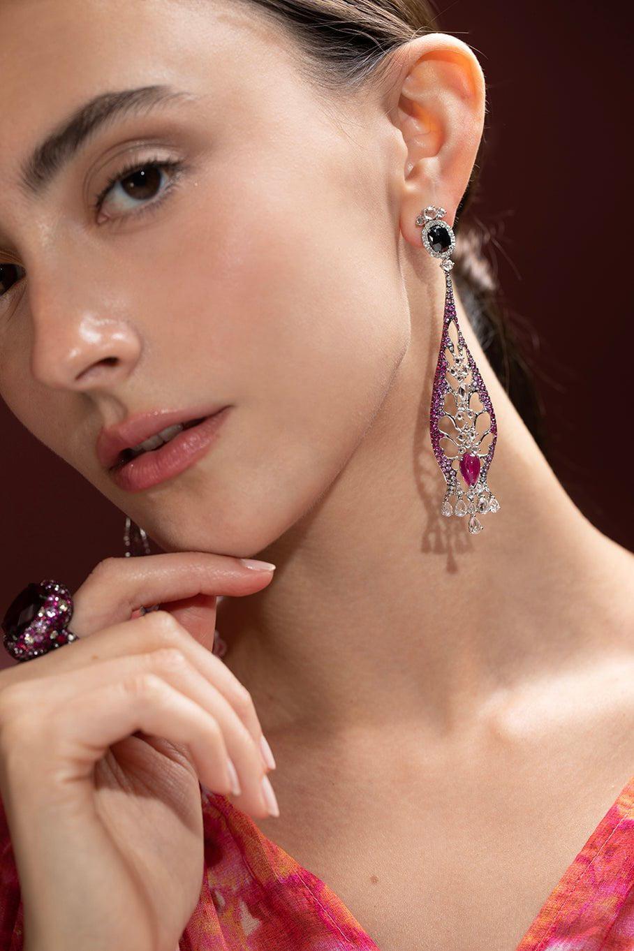 WENDY YUE-Diamond Garnet Drop Earrings-WHITE GOLD