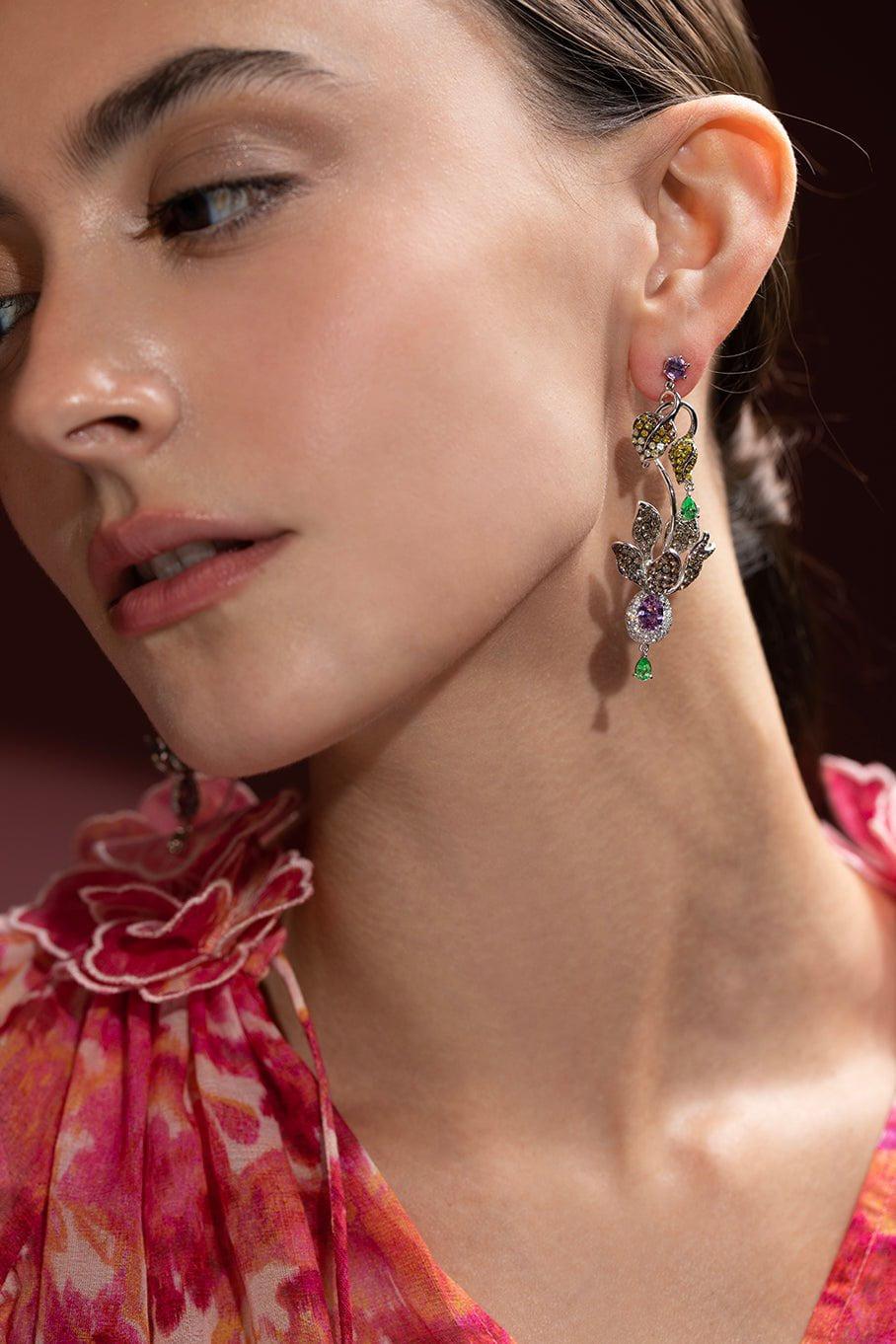 WENDY YUE-Diamond Purple Sapphire Leaf Earrings-WHITE GOLD