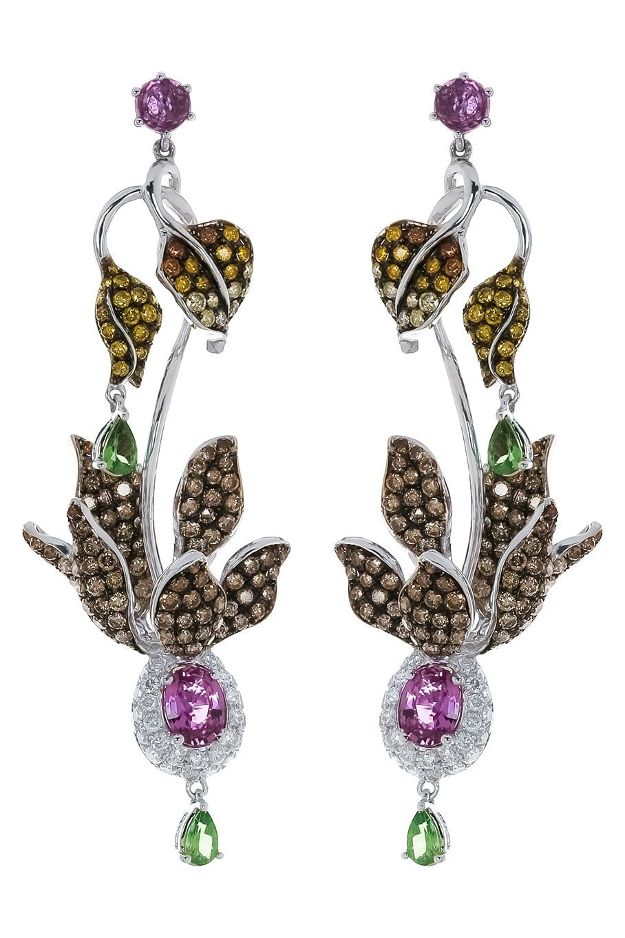 WENDY YUE-Diamond Purple Sapphire Leaf Earrings-WHITE GOLD