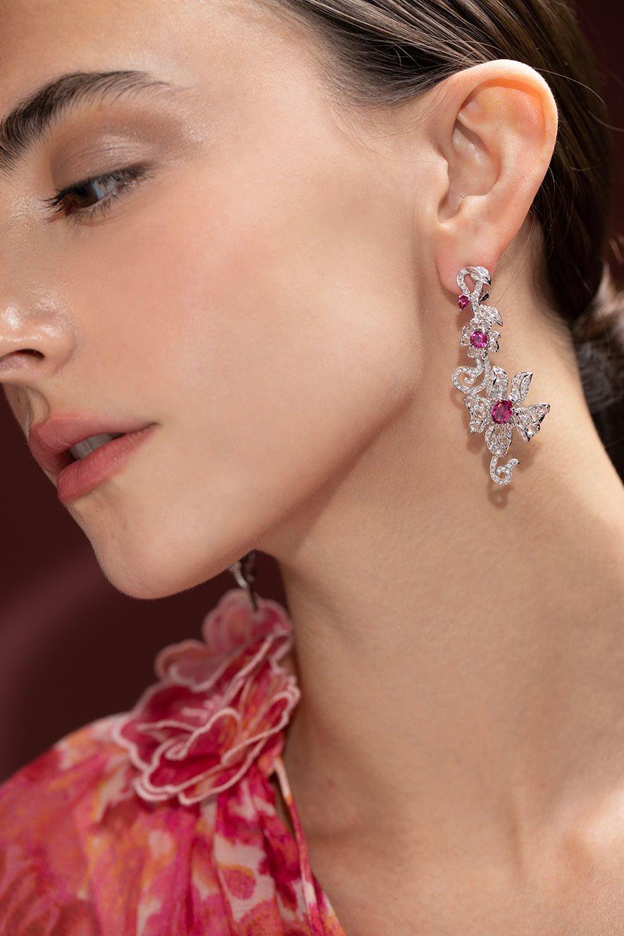 WENDY YUE-Diamond Sapphire Garnet Drop Earrings-WHITE GOLD