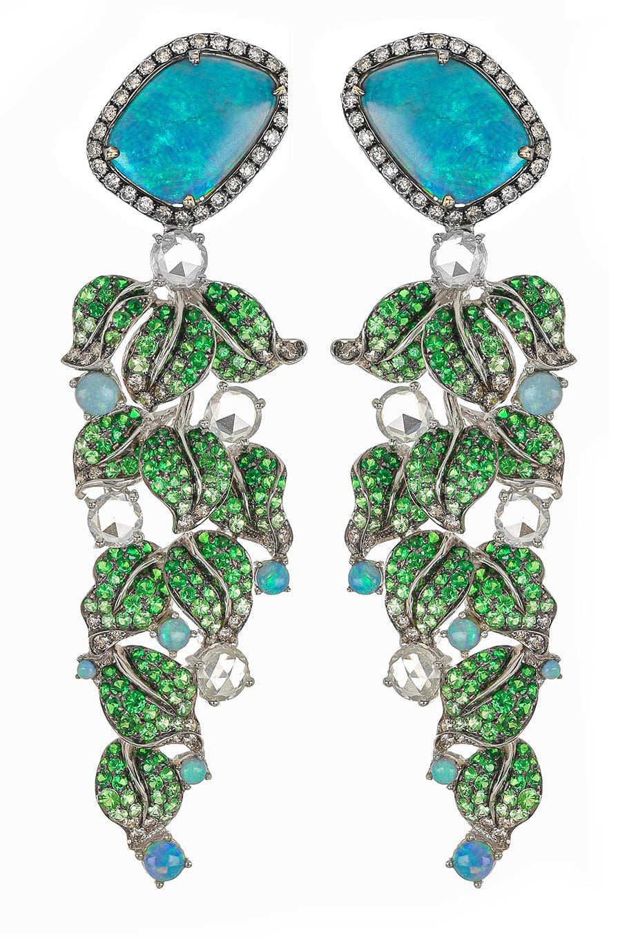 WENDY YUE-Opal and Tsavorite Leaf Earrings-WHITE GOLD