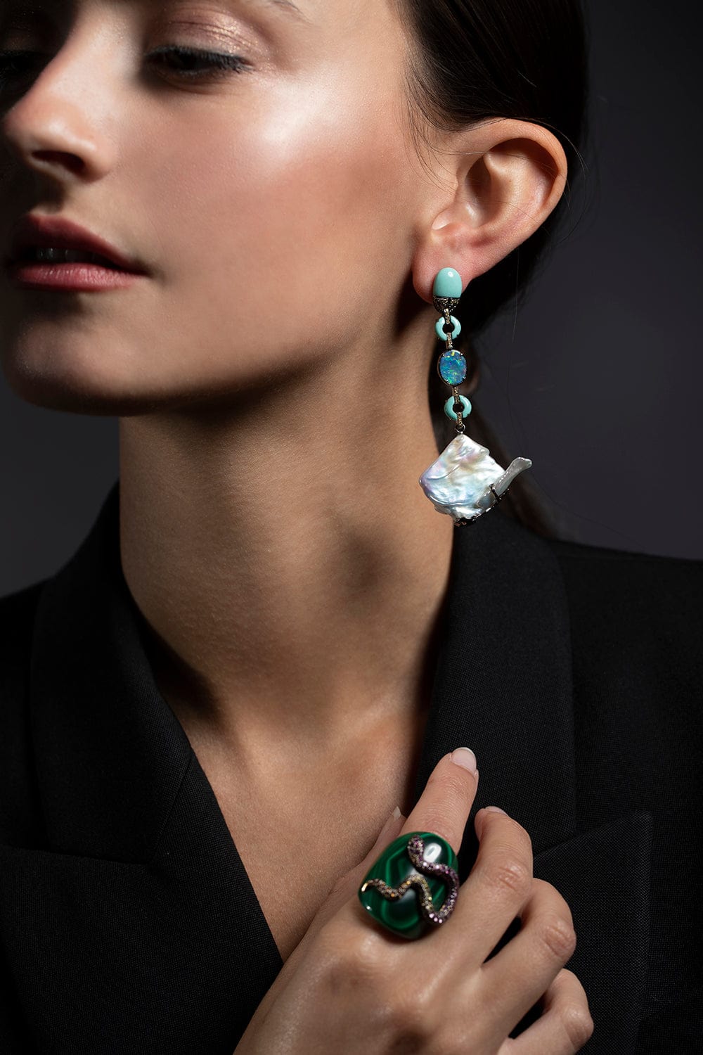 WENDY YUE-Pearl and Turquoise Drop Earrings-WHITE GOLD