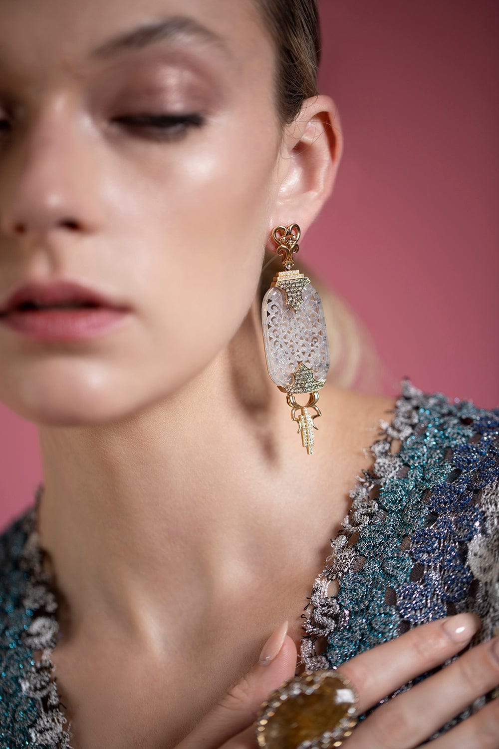WENDY YUE-Carved Jade and Fancy Diamond Earrings-YELLOW GOLD