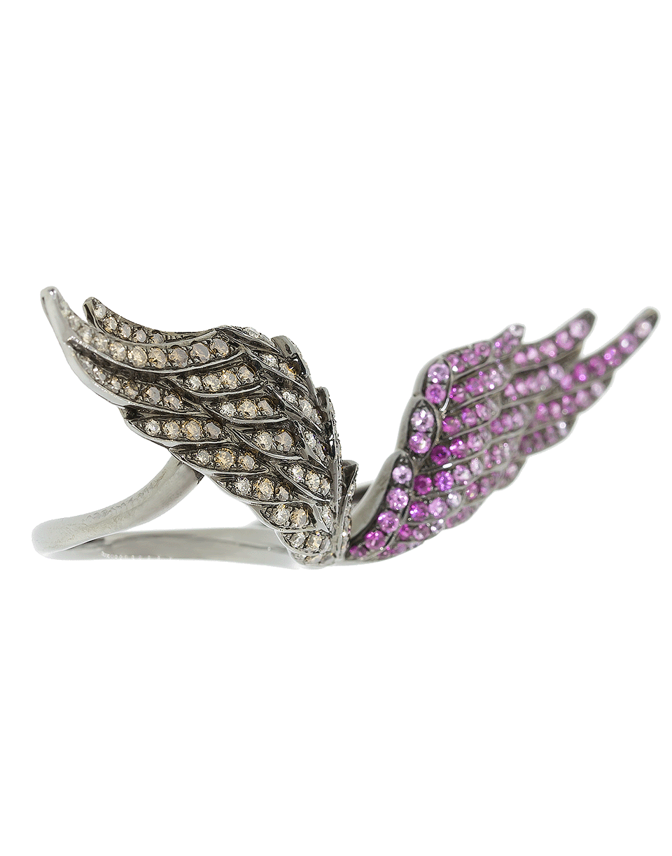 WENDY YUE-Double Finger Diamond And Sapphire Wings Ring-BLACK GOLD