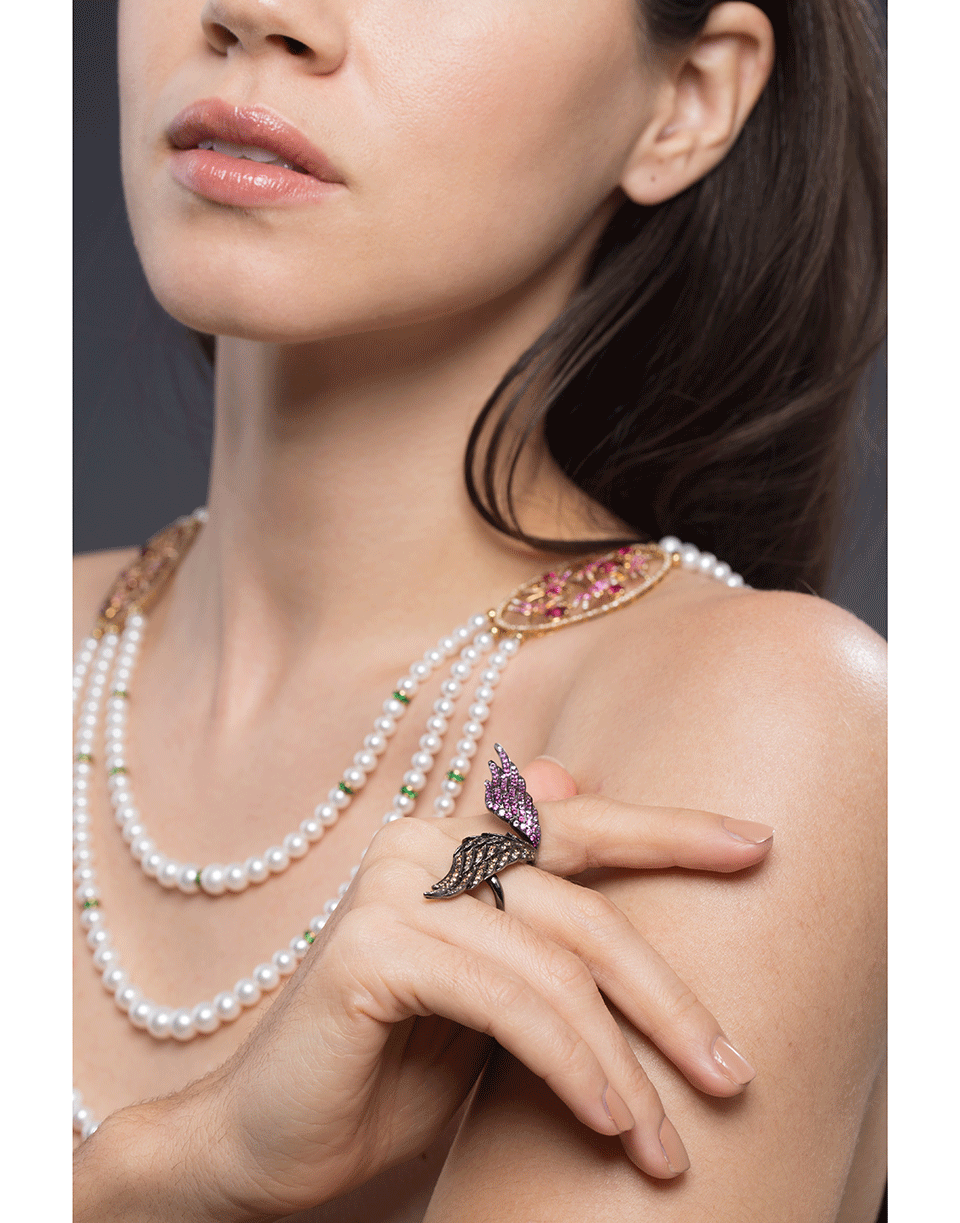 WENDY YUE-Double Finger Diamond And Sapphire Wings Ring-BLACK GOLD