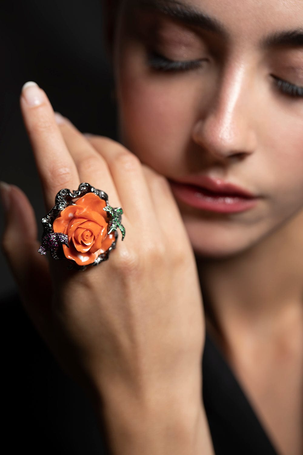 WENDY YUE-Carved Coral Flower Ring-WHITE GOLD