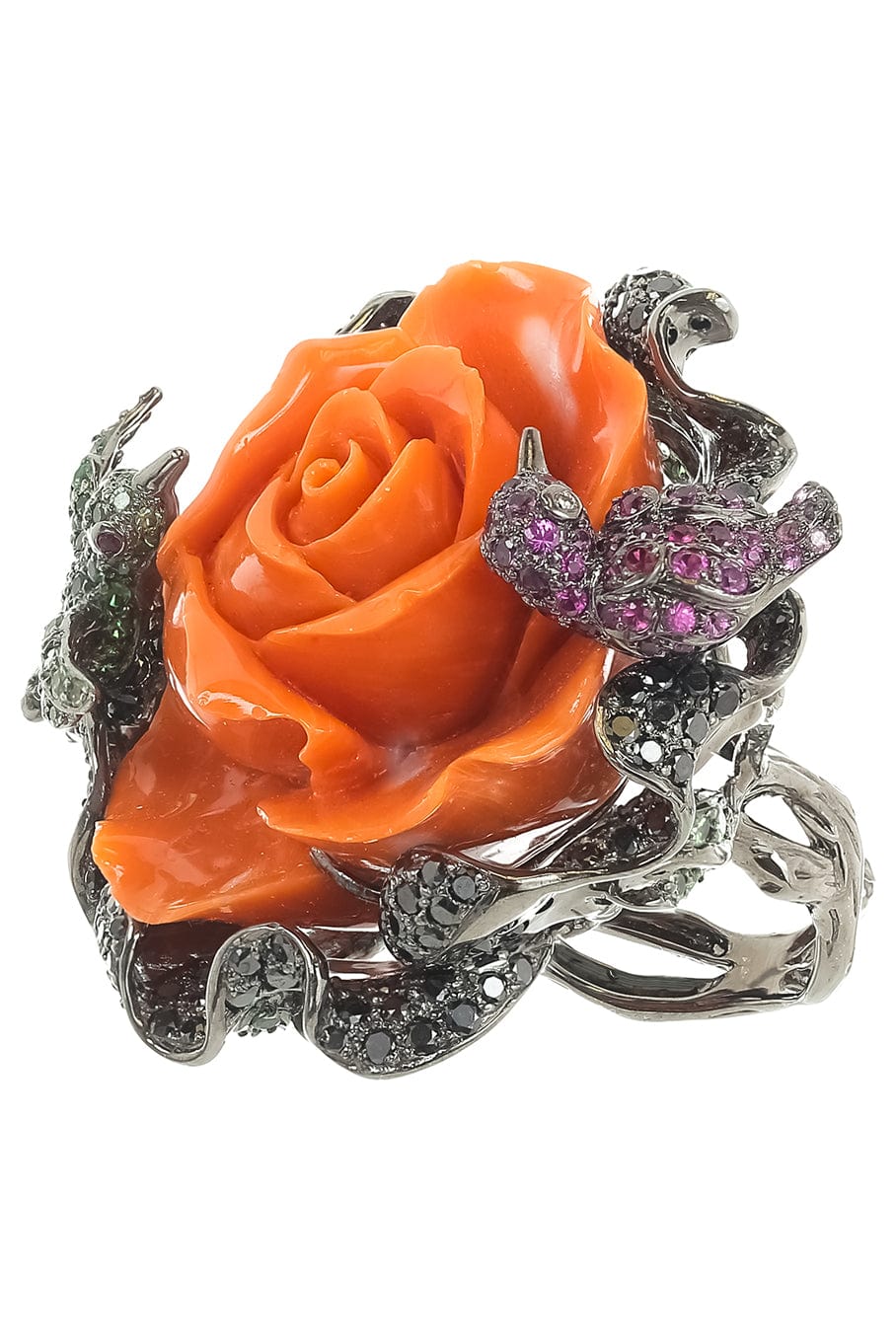 WENDY YUE-Carved Coral Flower Ring-WHITE GOLD