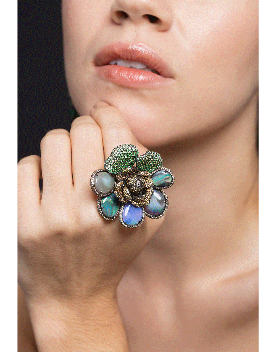 WENDY YUE-Opal Diamond Flower Ring-WHITE GOLD