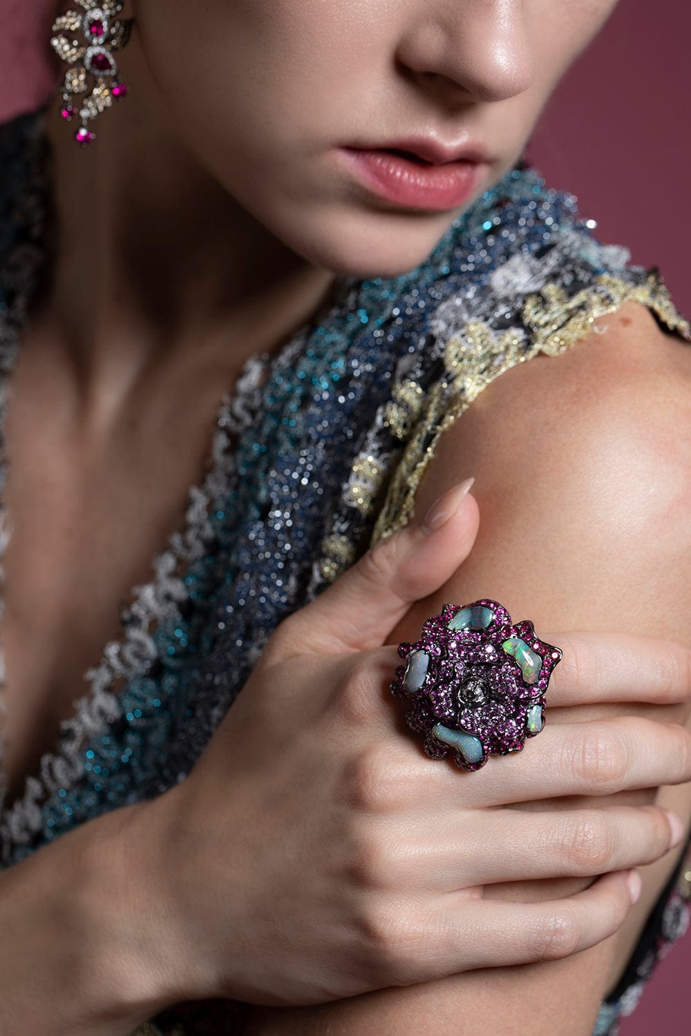 WENDY YUE-Pink Sapphire and Opal Rose Ring-WHITE GOLD