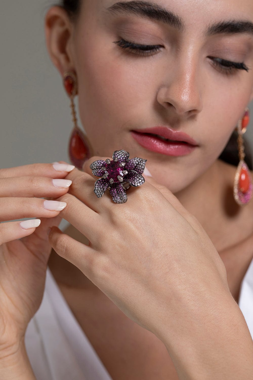WENDY YUE-Rubellite and Pink Sapphire Flower Ring-WHITE GOLD