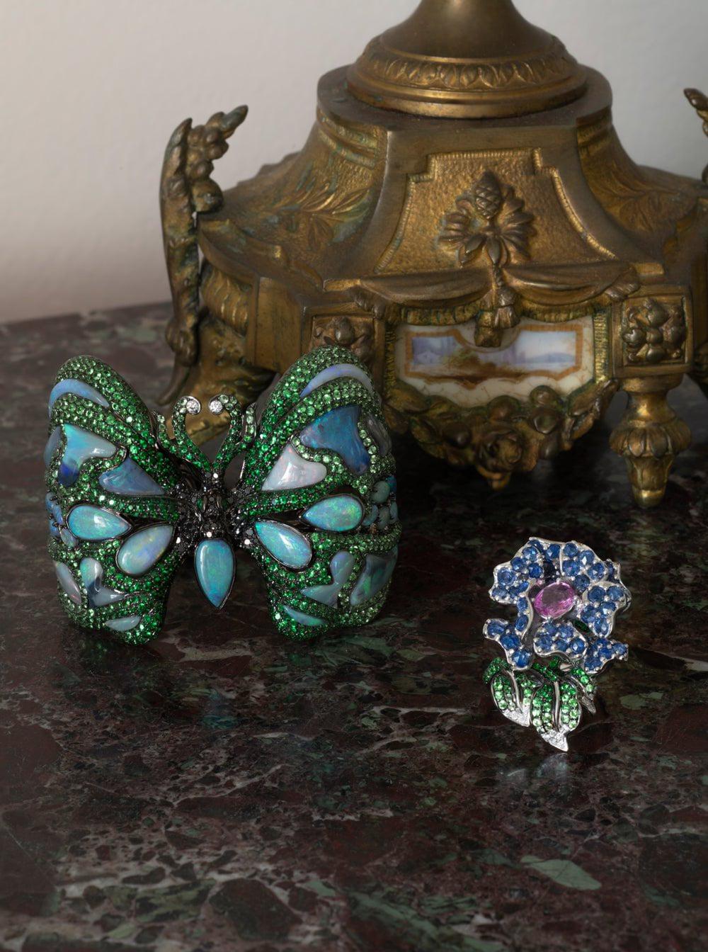 WENDY YUE-Blue Sapphire Diamond Flower Ring-WHITE GOLD