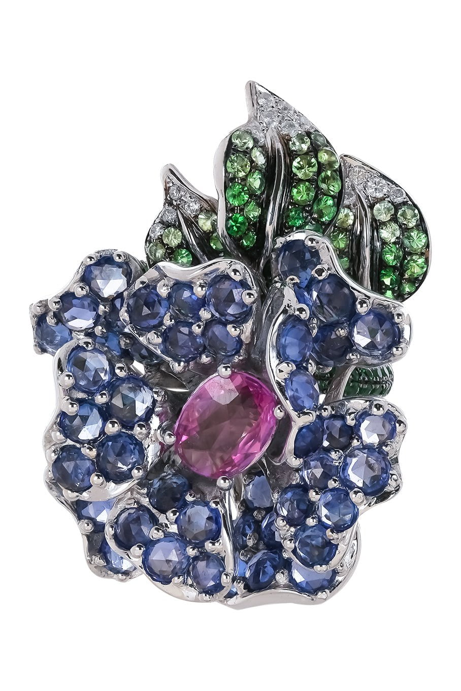 WENDY YUE-Blue Sapphire Diamond Flower Ring-WHITE GOLD