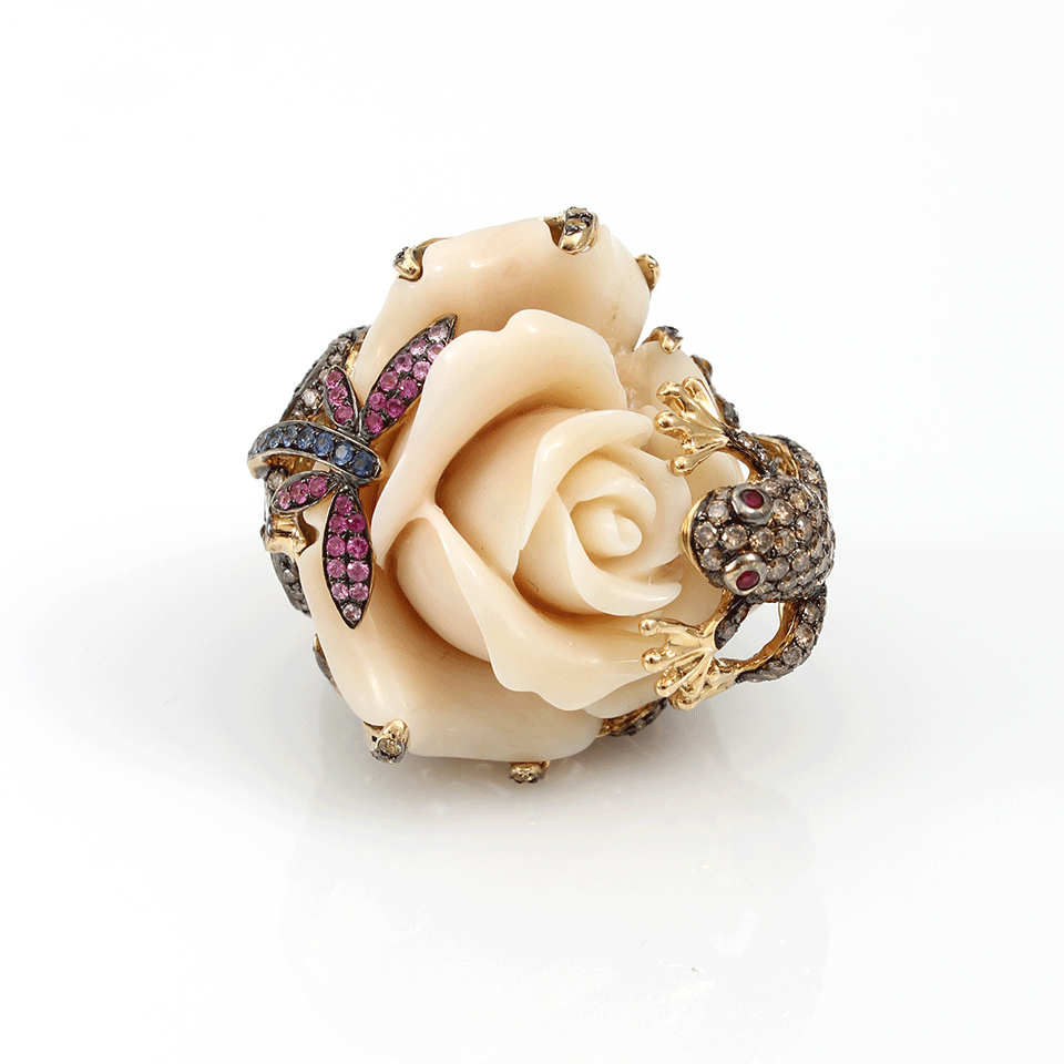 WENDY YUE-Carved Agate Flower Ring-YELLOW GOLD
