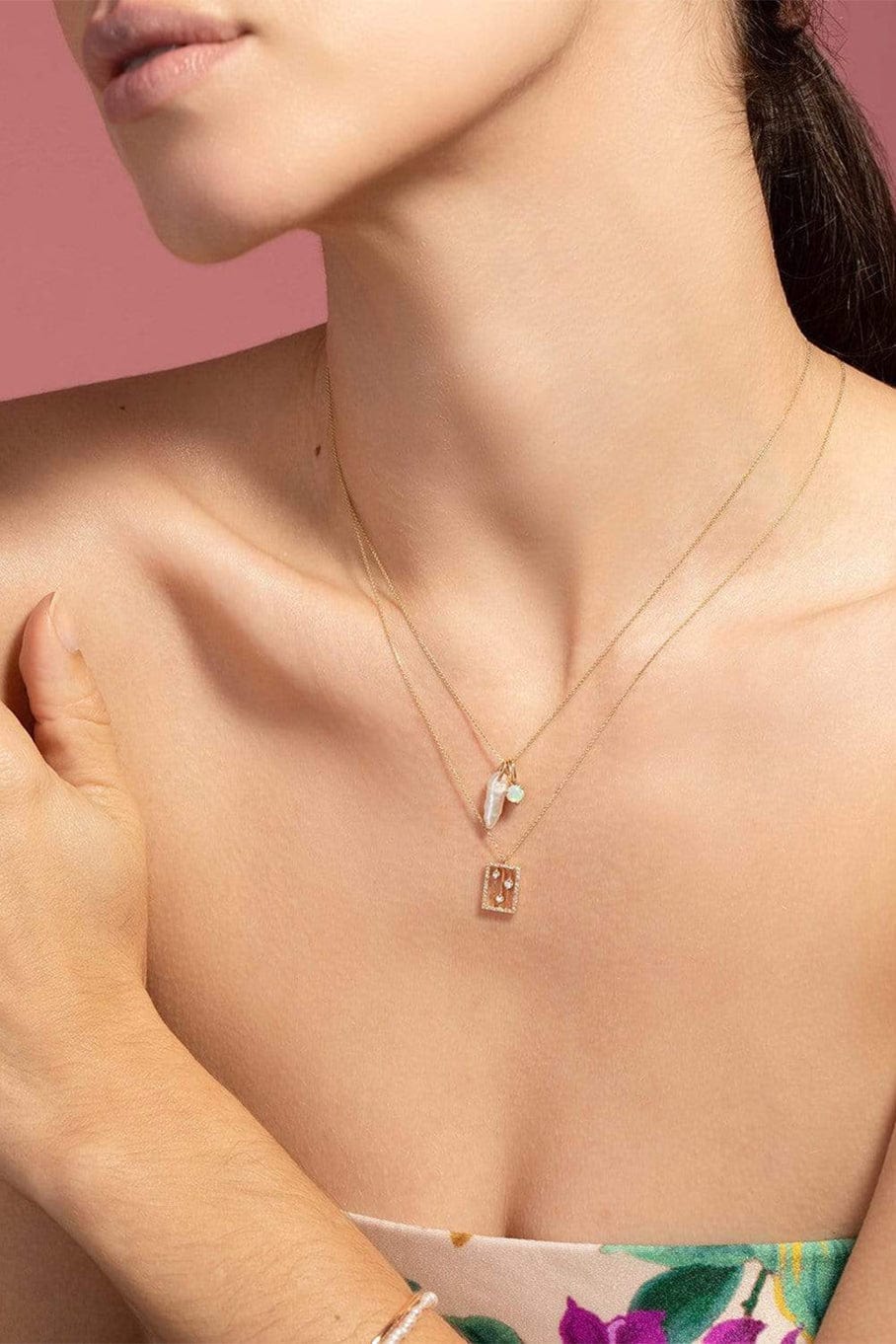 WWAKE-Long Pearl and Opal Charm Necklace-YELLOW GOLD