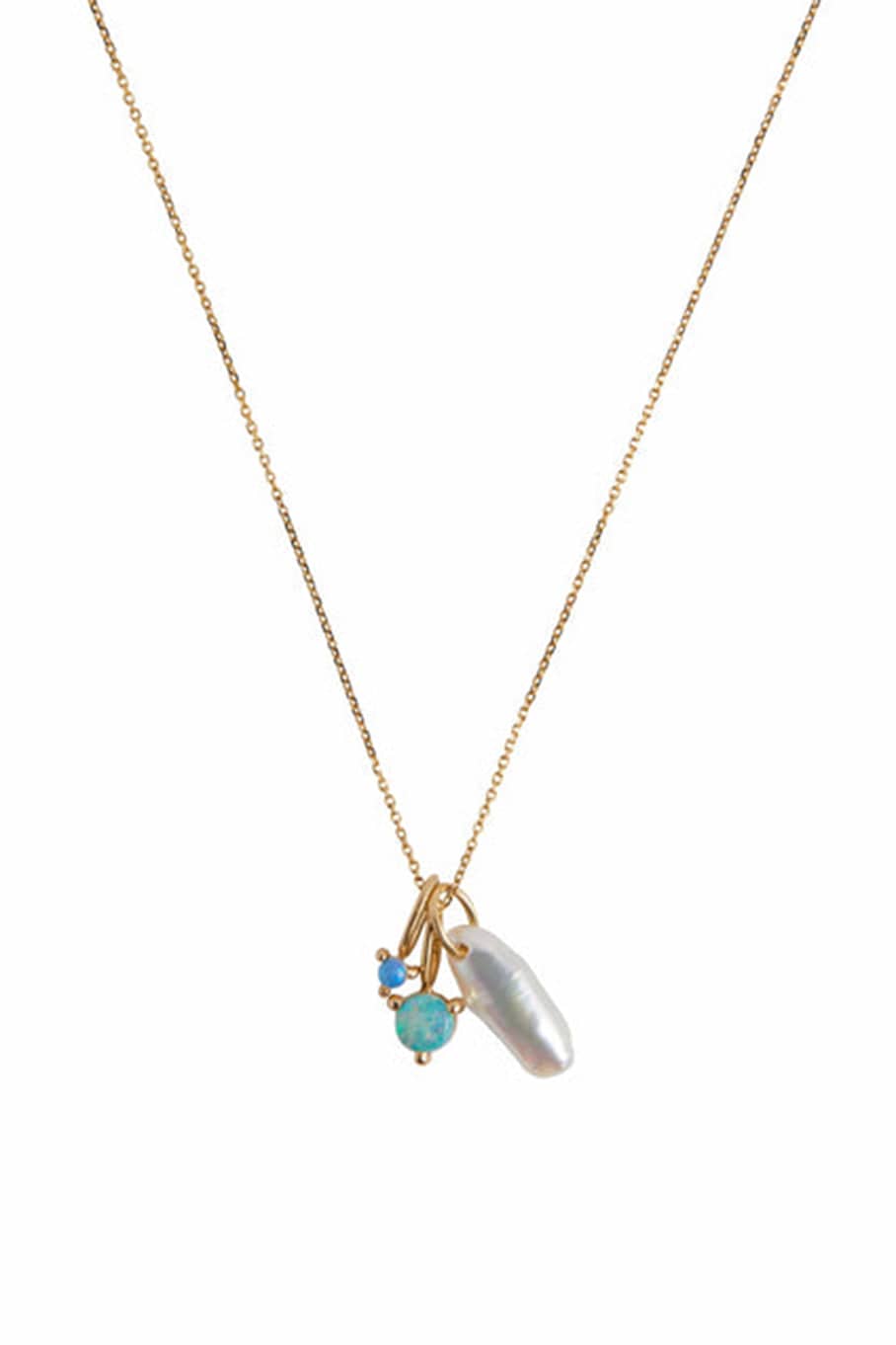 WWAKE-Long Pearl and Opal Charm Necklace-YELLOW GOLD