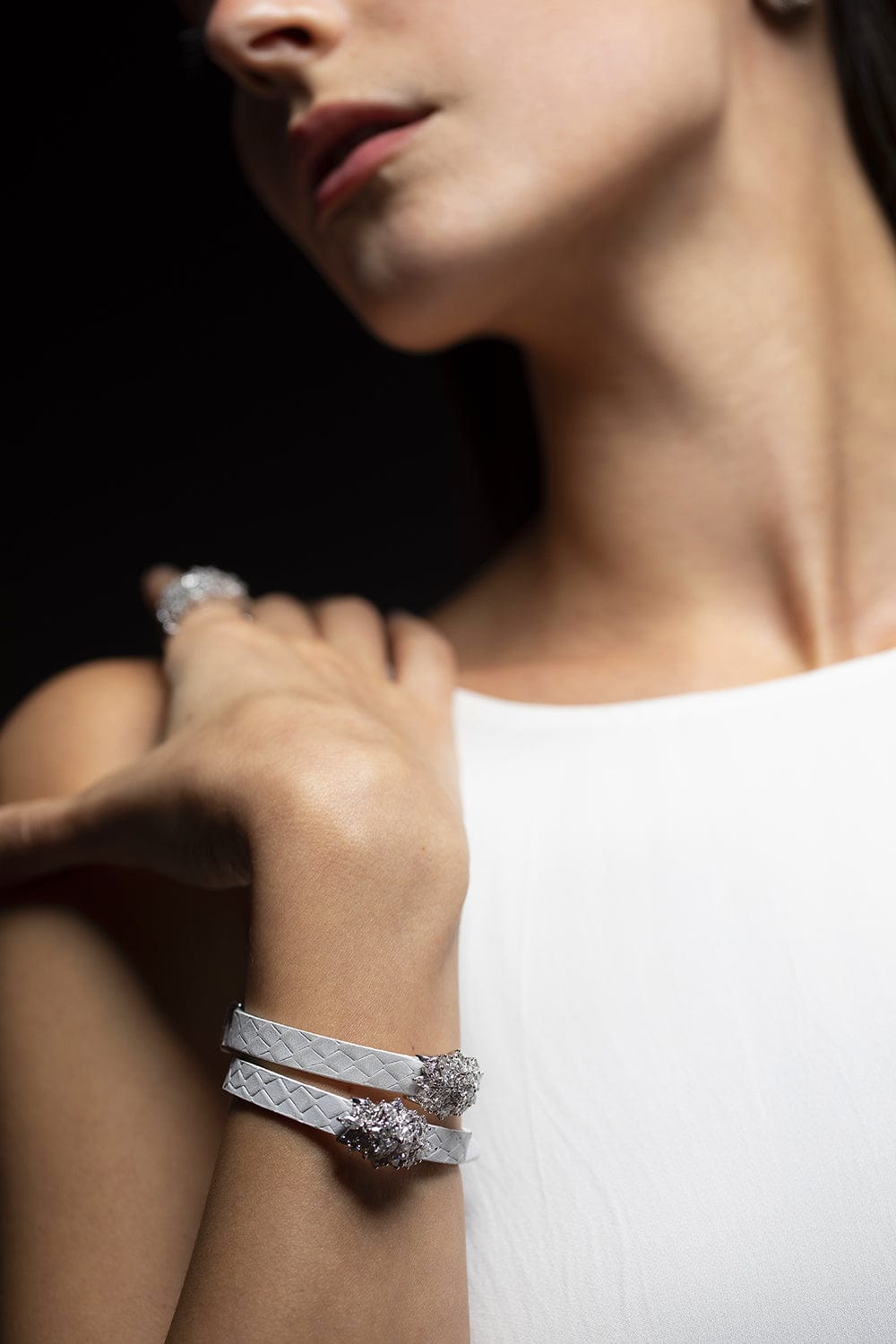 YEPREM JEWELLERY-Diamond White Leather Wrap Bracelet-WHITE GOLD