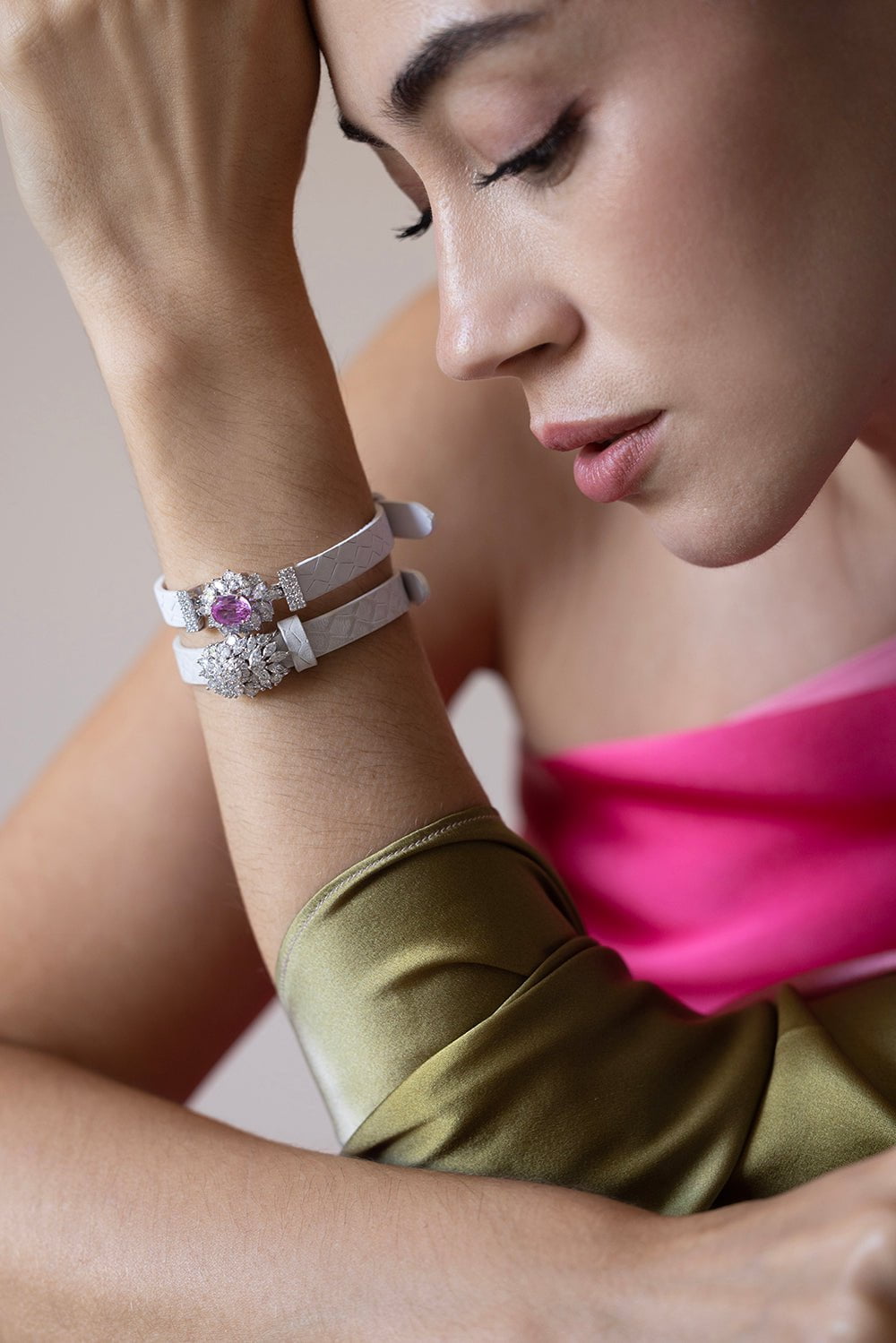 YEPREM JEWELLERY-Pink Sapphire Diamond Single Wrap Bracelet-WHITE GOLD