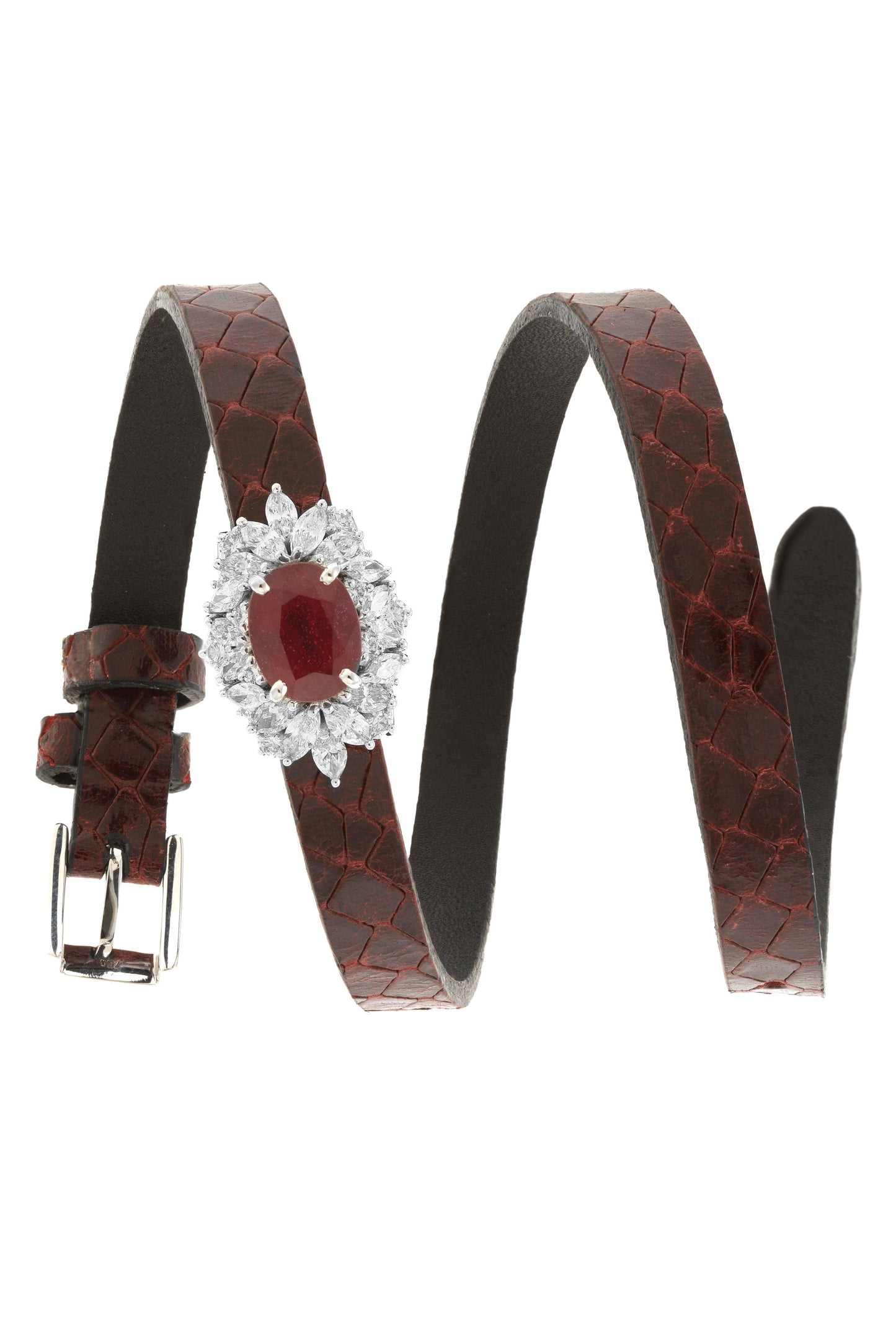 YEPREM JEWELLERY-Ruby and Diamond Leather Wrap Bracelet-WHITE GOLD