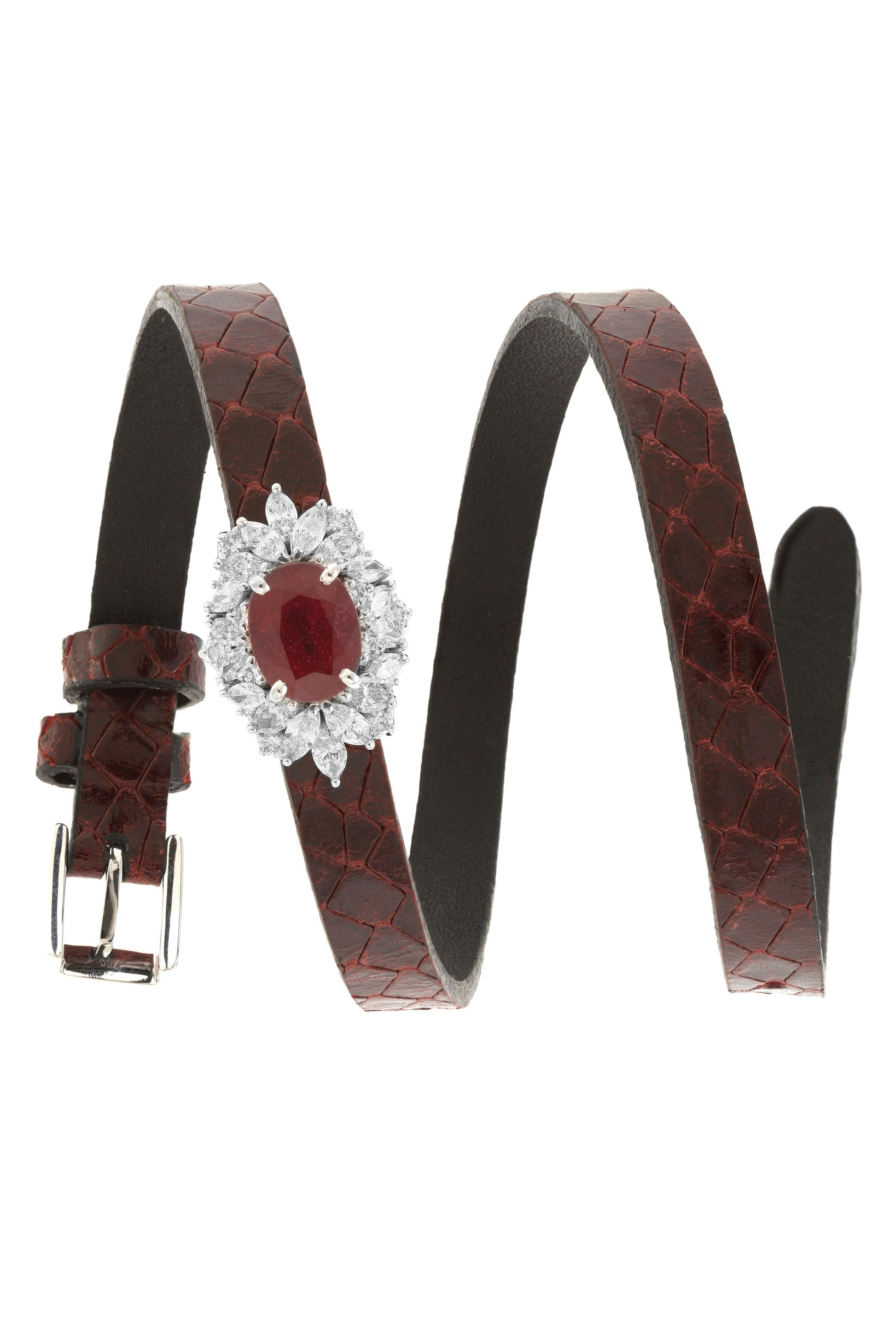 YEPREM JEWELLERY-Ruby and Diamond Leather Wrap Bracelet-WHITE GOLD