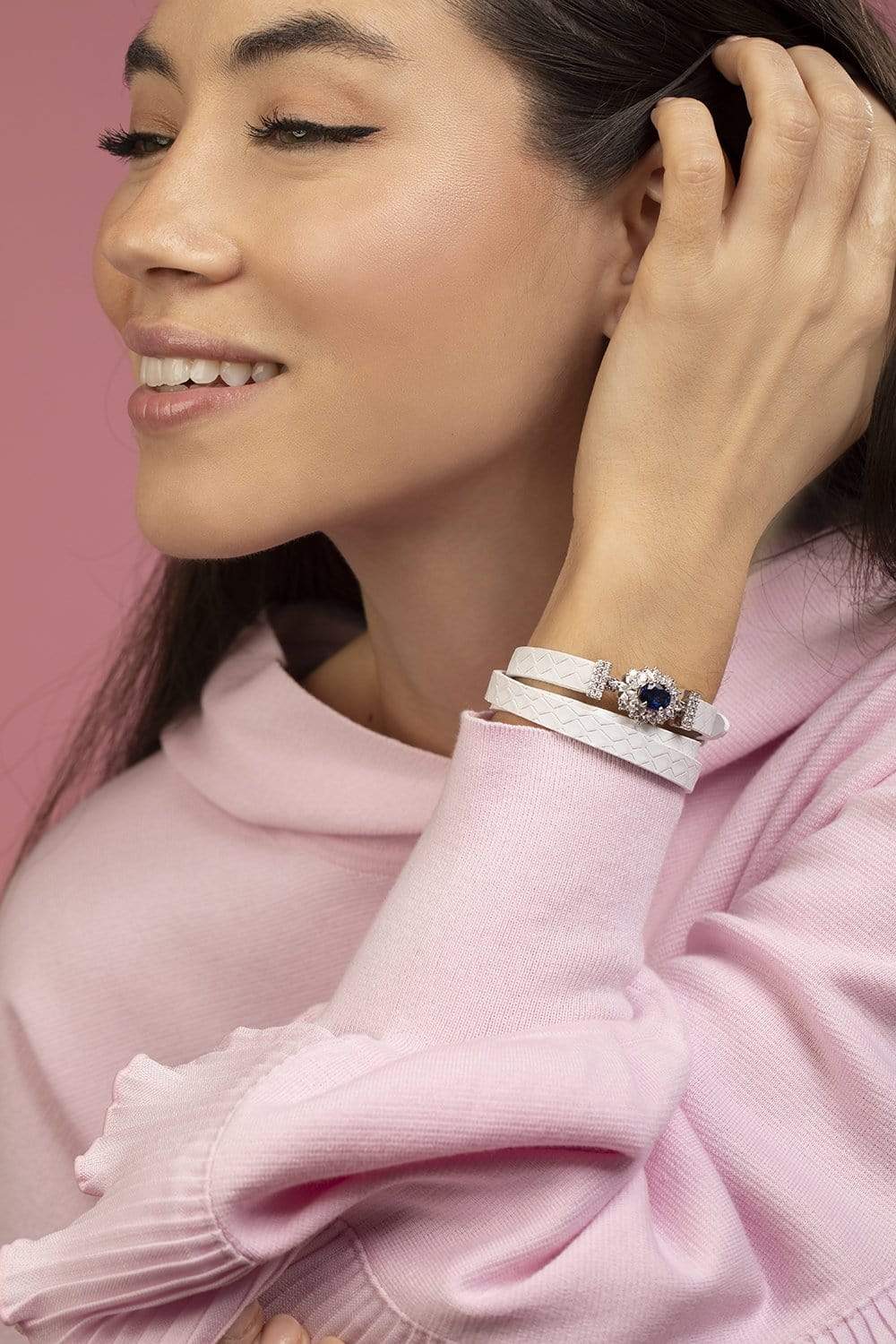 YEPREM JEWELLERY-Sapphire and Diamond Leather Wrap Bracelet-WHITE GOLD
