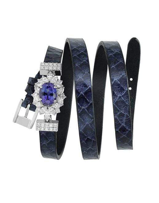 YEPREM JEWELLERY-Tanzanite and Diamond Stamped Blue Leather Wrap Bracelet-WHITE GOLD