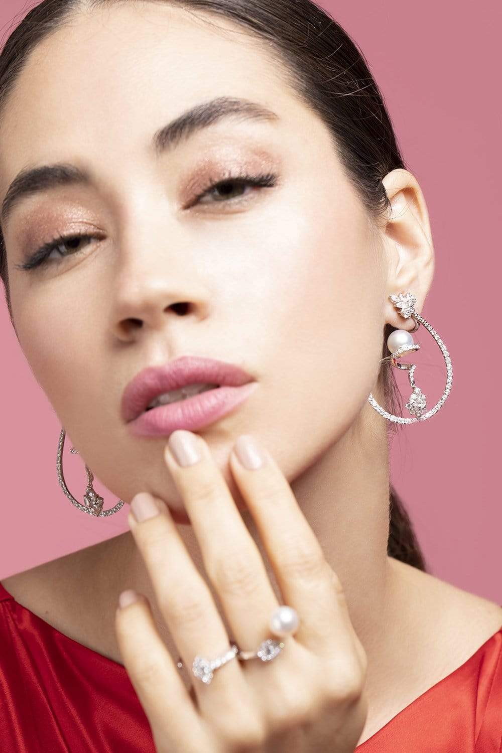 YEPREM JEWELLERY-Diamond Loop Pearl Drop Earrings-WHITE GOLD