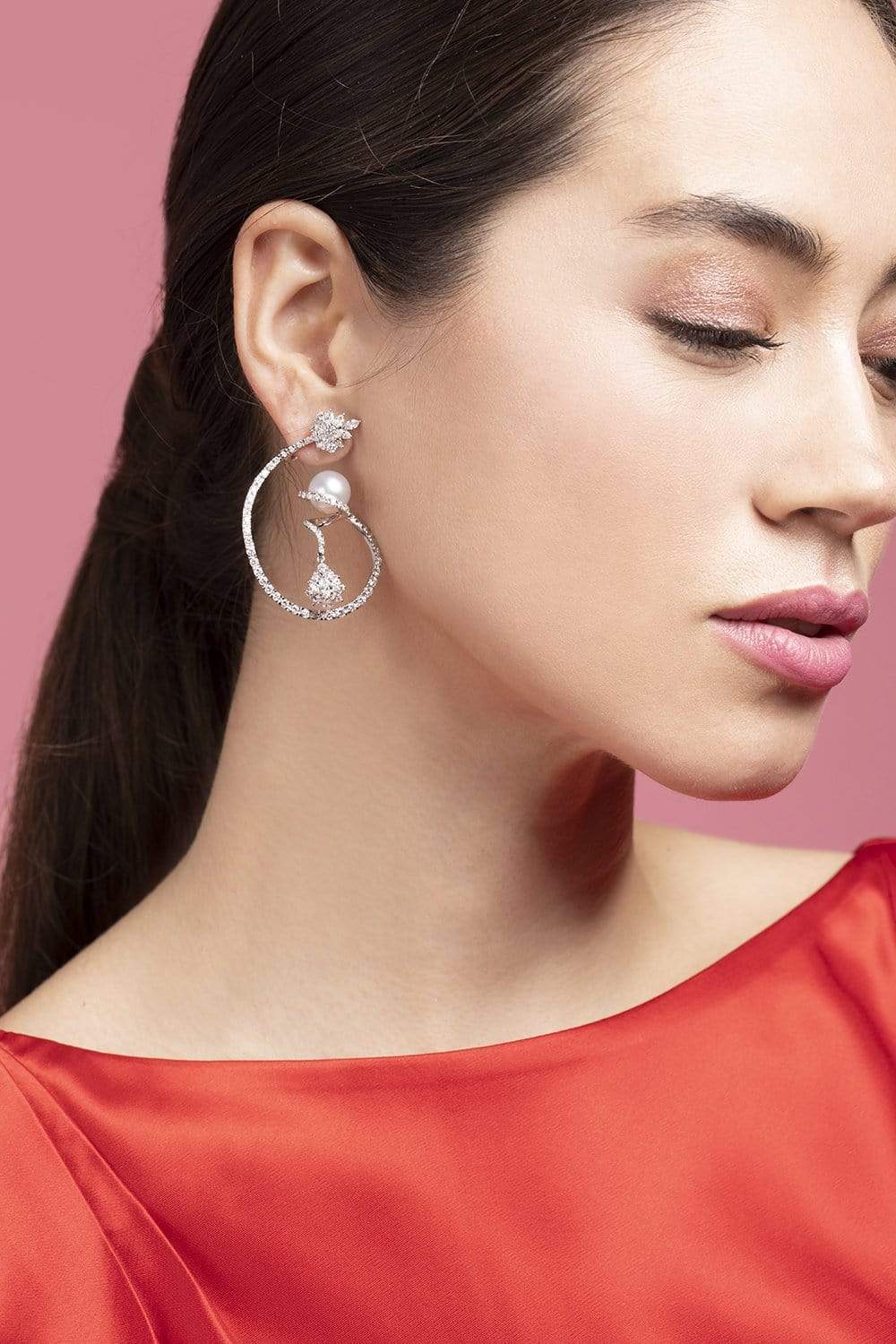YEPREM JEWELLERY-Diamond Loop Pearl Drop Earrings-WHITE GOLD