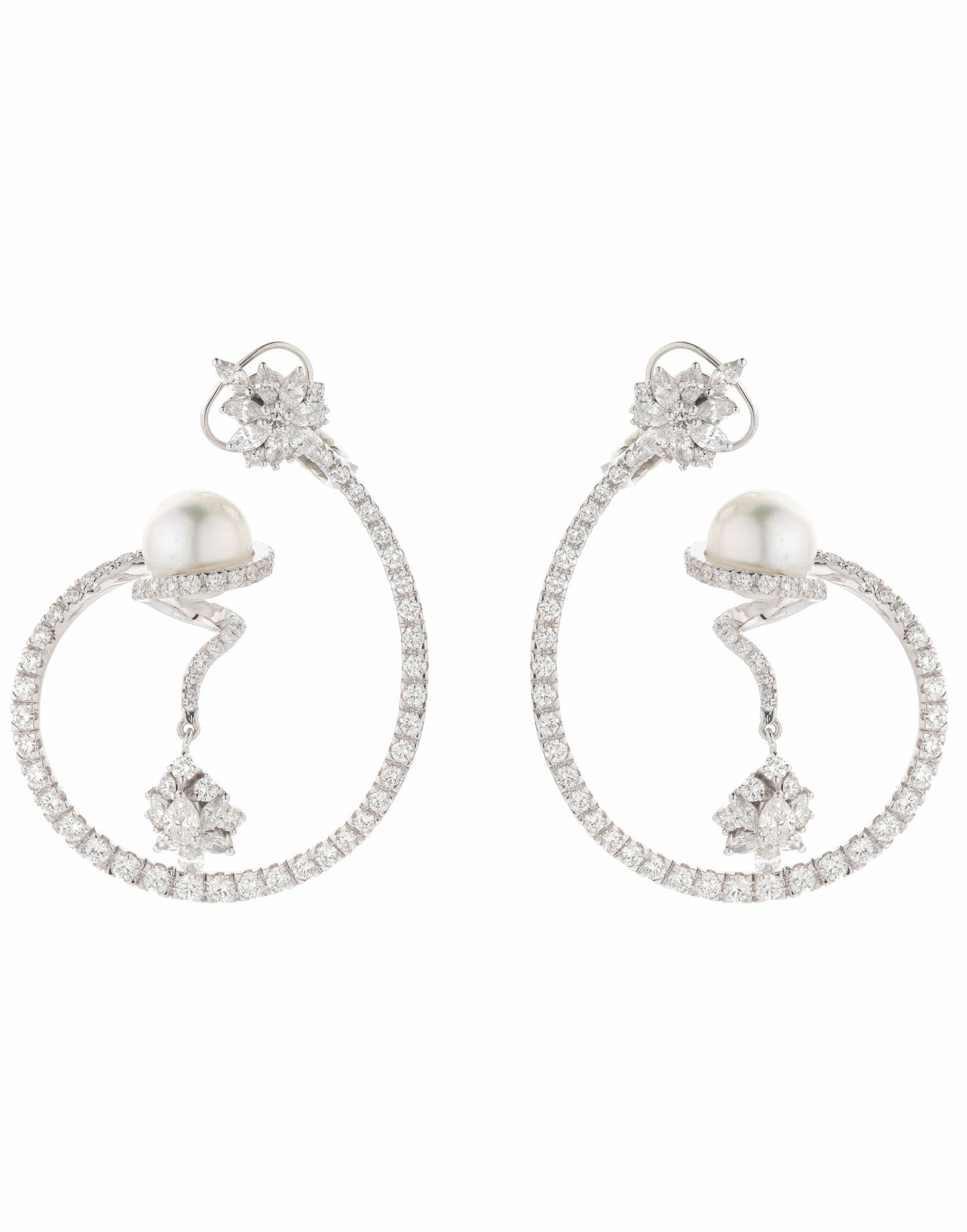 YEPREM JEWELLERY-Diamond Loop Pearl Drop Earrings-WHITE GOLD