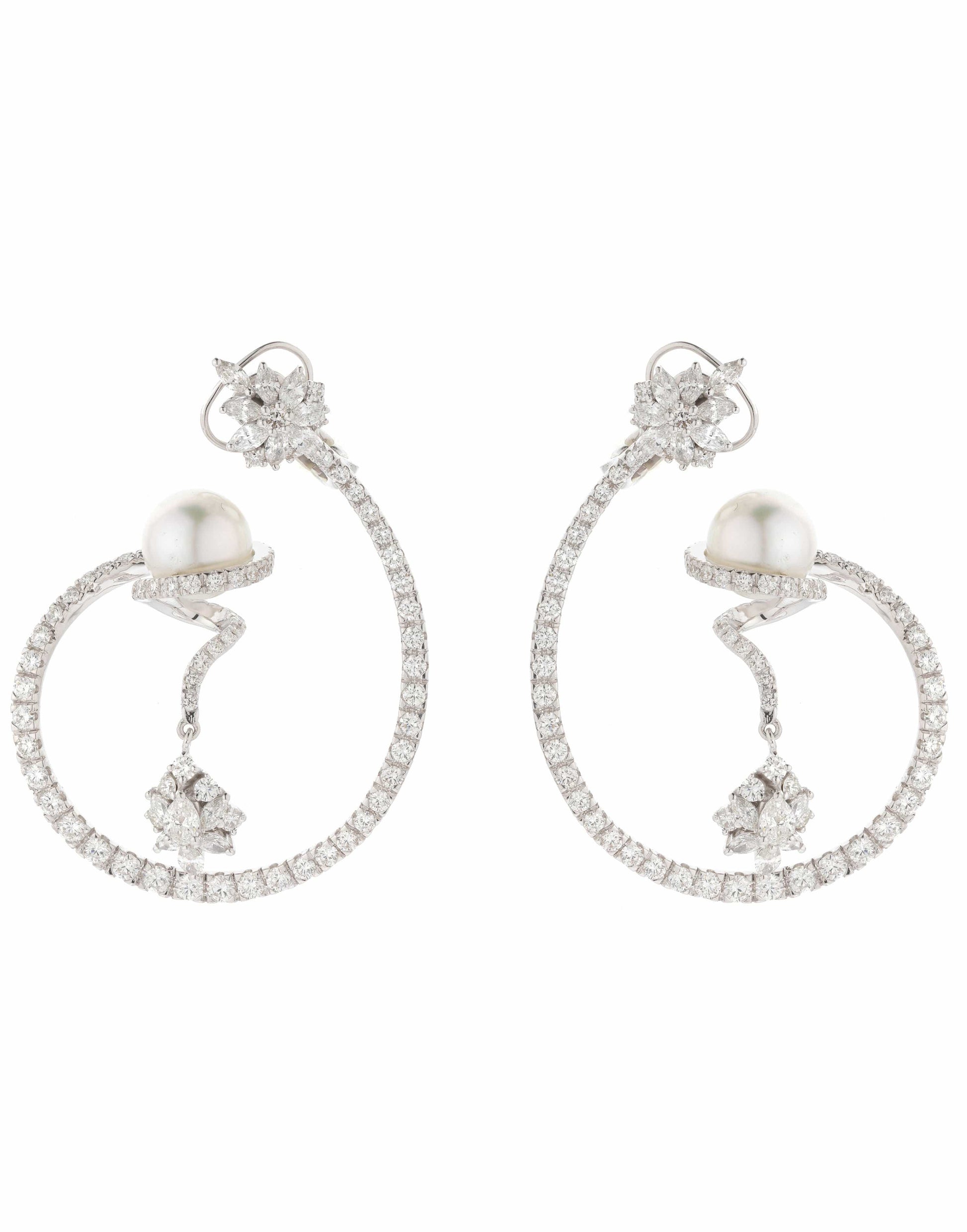 YEPREM JEWELLERY-Diamond Loop Pearl Drop Earrings-WHITE GOLD