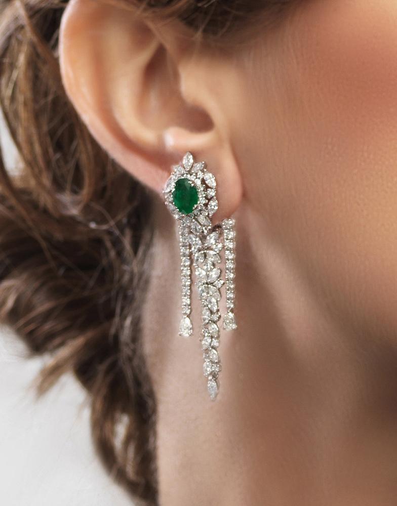 YEPREM JEWELLERY-Emerald and Marquise Diamond Earrings-WHITE GOLD